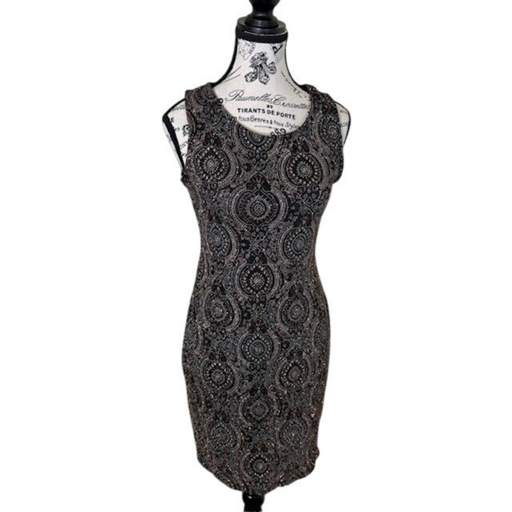 Glitter Paisley Sleeveless Midi Sheath Dress Petite Small Black Holiday Party - Picture 2 of 8
